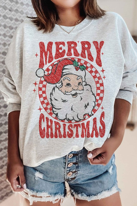 Santa Merry Christmas Checkered Crewneck - Ash