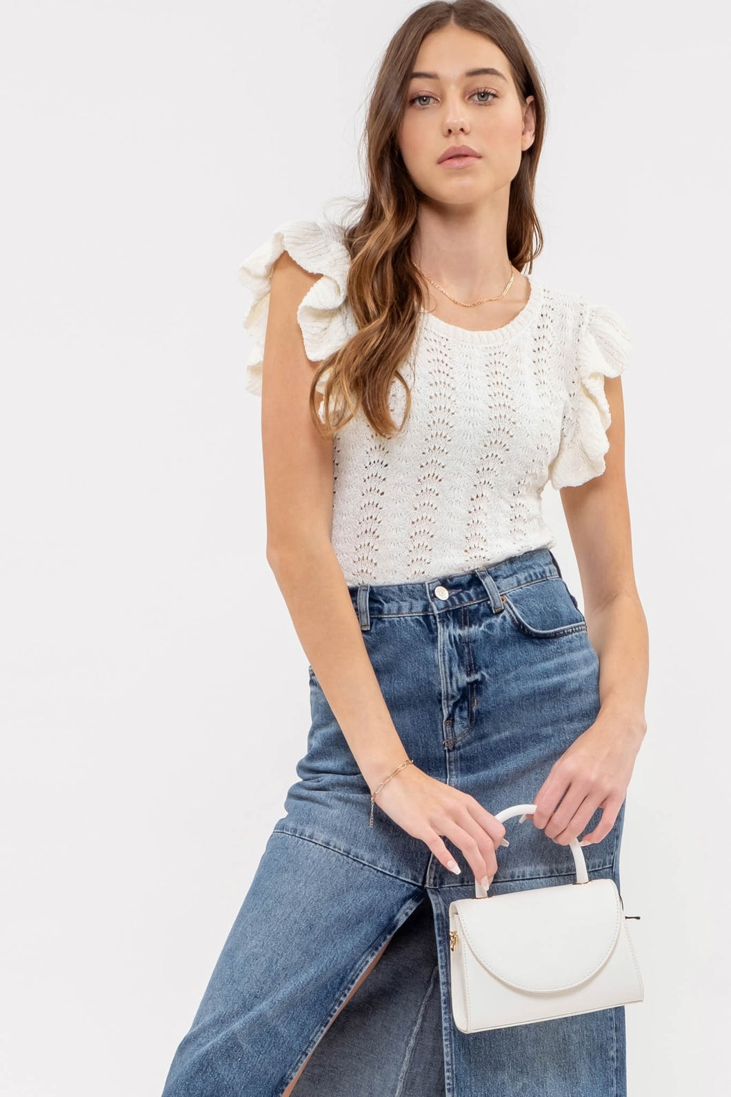 Eyelet Back Tie Sweater Top - Ivory