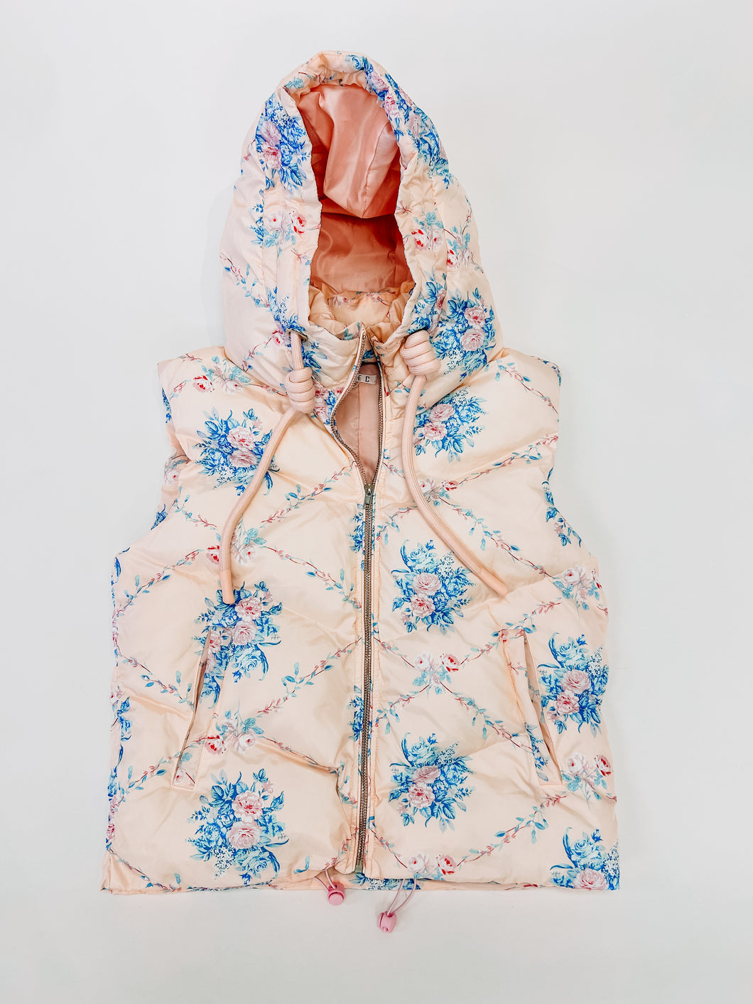 Floral Pink Hoodie Puffer Vest