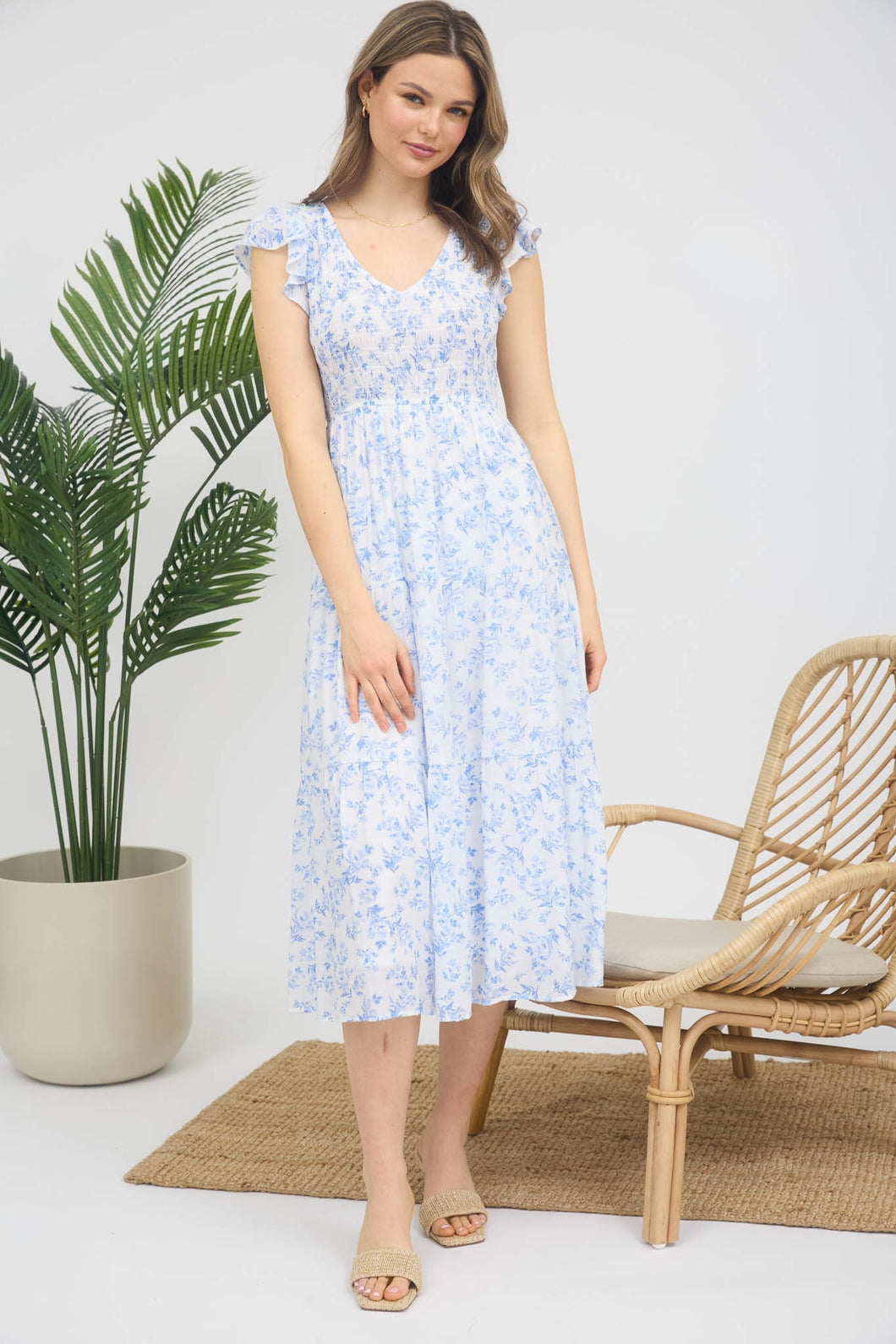 Smocked Blue Floral Midi Dress