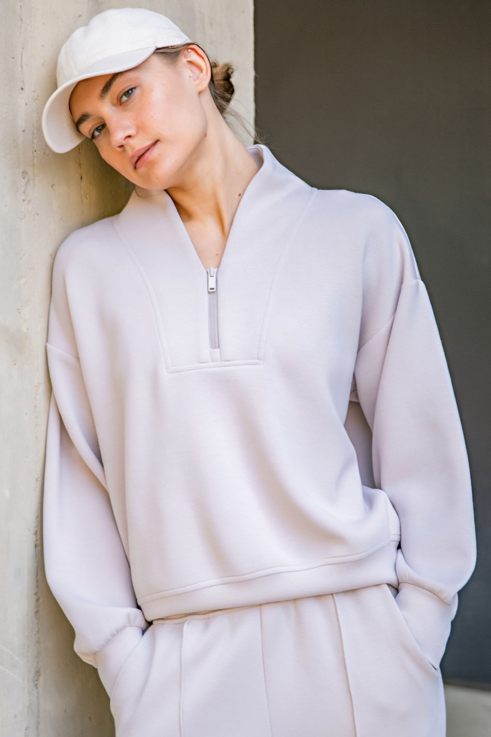 Rae Mode Scuba Luxe V-neck Zip Up / Mocha Cream
