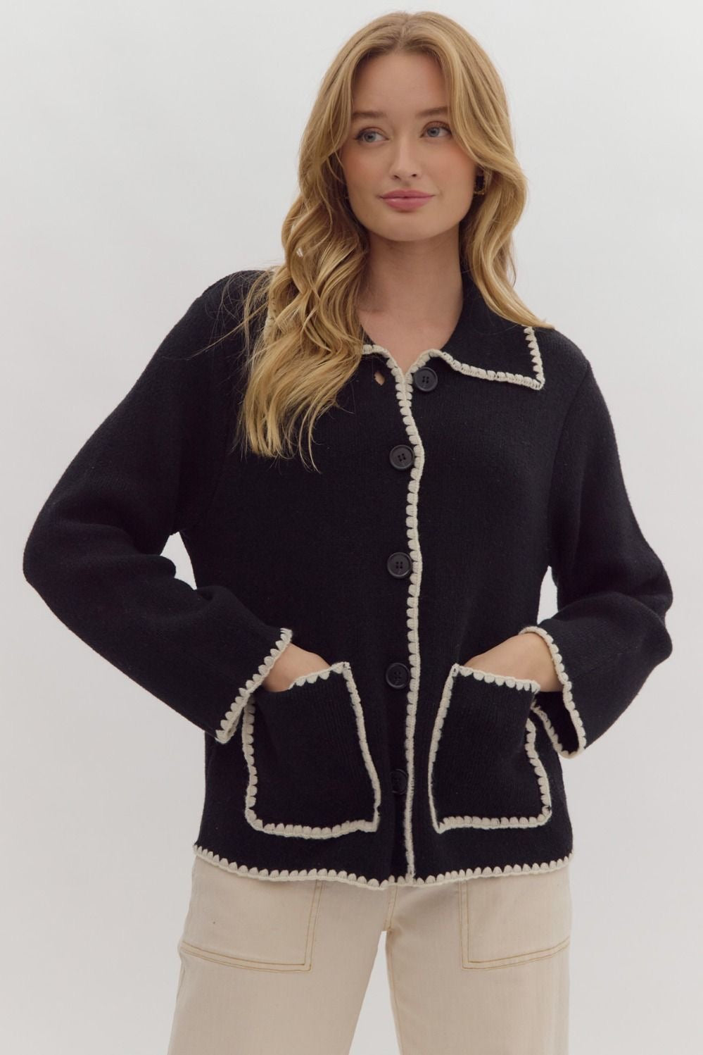 Delicate Fall Whipstitch Cardigan / Black